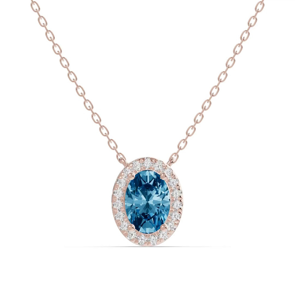 360 degree view of Oval Blue Topaz Lab Diamond Halo Pendant