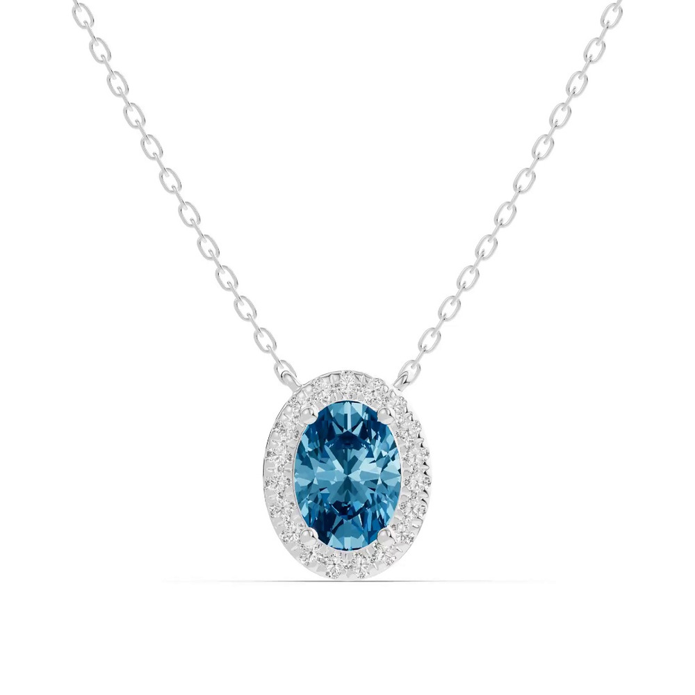 360 degree view of Oval Blue Topaz Lab Diamond Halo Pendant