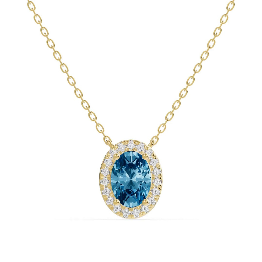 360 degree view of Oval Blue Topaz Lab Diamond Halo Pendant