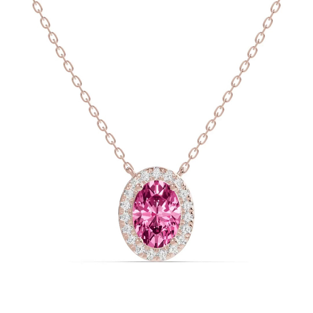 360 degree view of Oval Pink Tourmaline Lab Diamond Halo Pendant