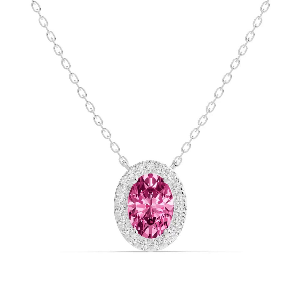 360 degree view of Oval Pink Tourmaline Lab Diamond Halo Pendant