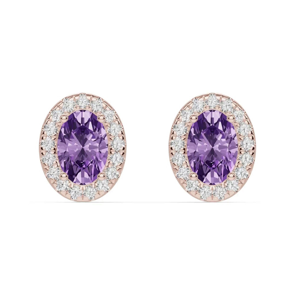 360 degree view of Oval Amethyst Lab Diamond Halo Earrings