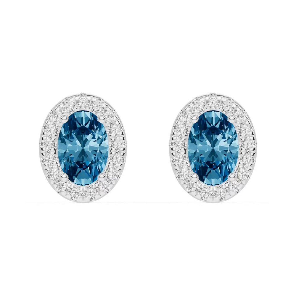 360 degree view of Oval Blue Topaz Lab Diamond Halo Earrings
