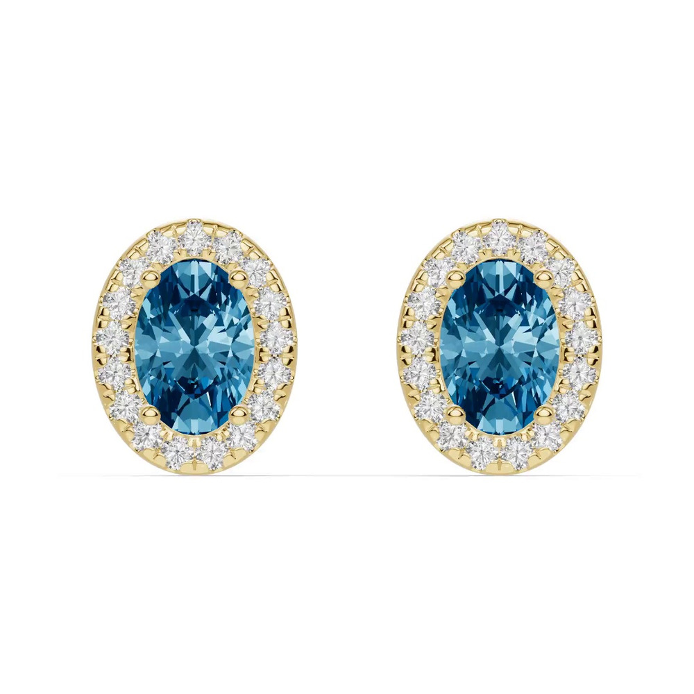360 degree view of Oval Blue Topaz Lab Diamond Halo Earrings