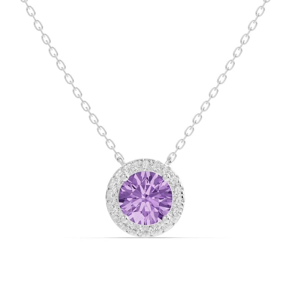360 degree view of Round Amethyst Lab Diamond Halo Pendant