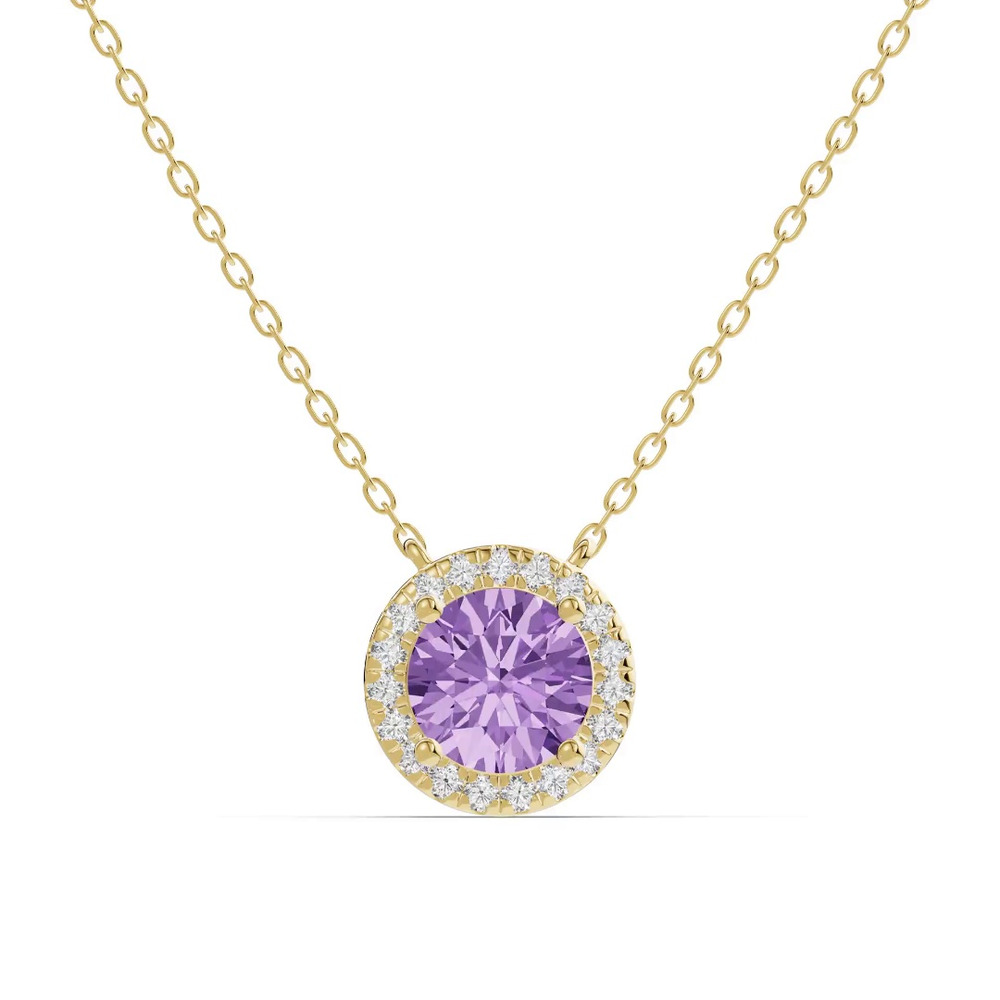 360 degree view of Round Amethyst Lab Diamond Halo Pendant