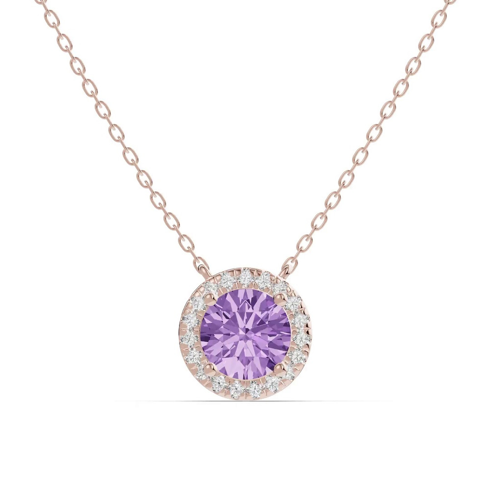 360 degree view of Round Amethyst Lab Diamond Halo Pendant