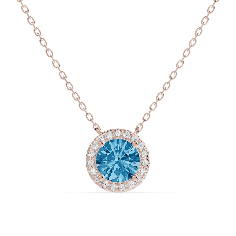 360 degree view of Round Blue Topaz Lab Diamond Halo Pendant