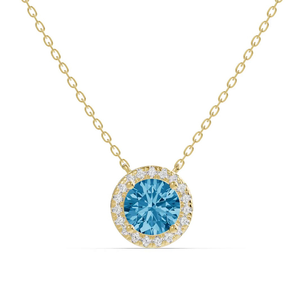 360 degree view of Round Blue Topaz Lab Diamond Halo Pendant