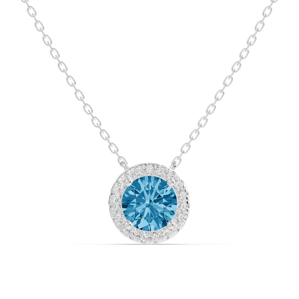 360 degree view of Round Blue Topaz Lab Diamond Halo Pendant