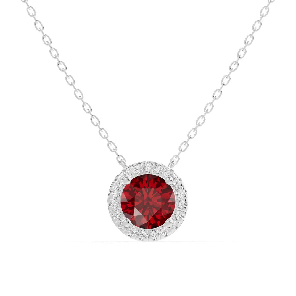 360 degree view of Round Garnet Lab Diamond Halo Pendant