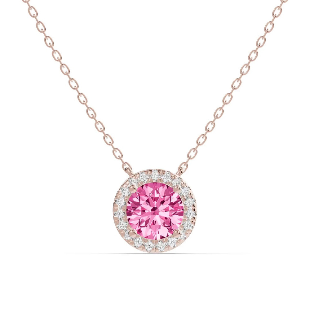 360 degree view of Round Pink Tourmaline Lab Diamond Halo Pendant