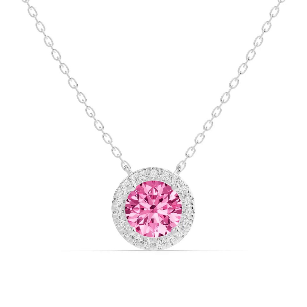 360 degree view of Round Pink Tourmaline Lab Diamond Halo Pendant