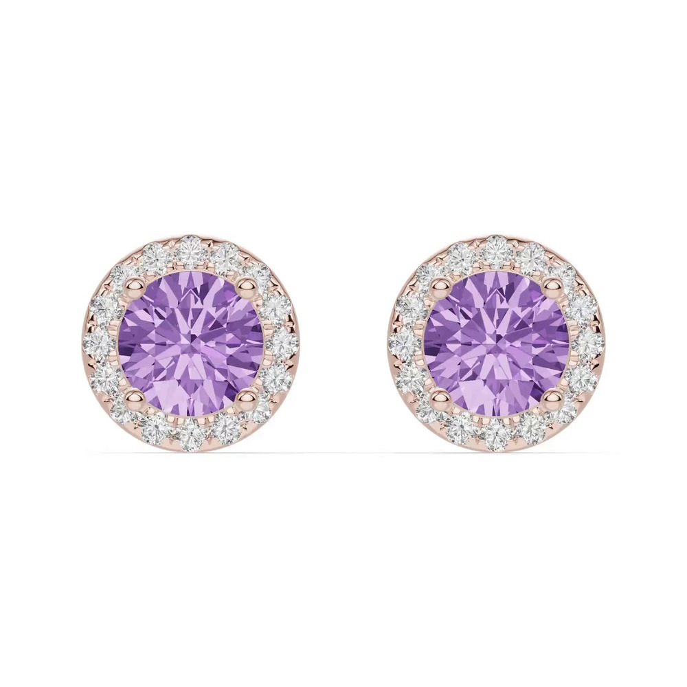 360 degree view of Round Amethyst Lab Diamond Halo Earrings