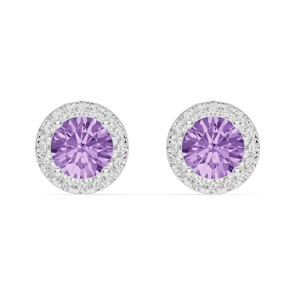 360 degree view of Round Amethyst Lab Diamond Halo Earrings
