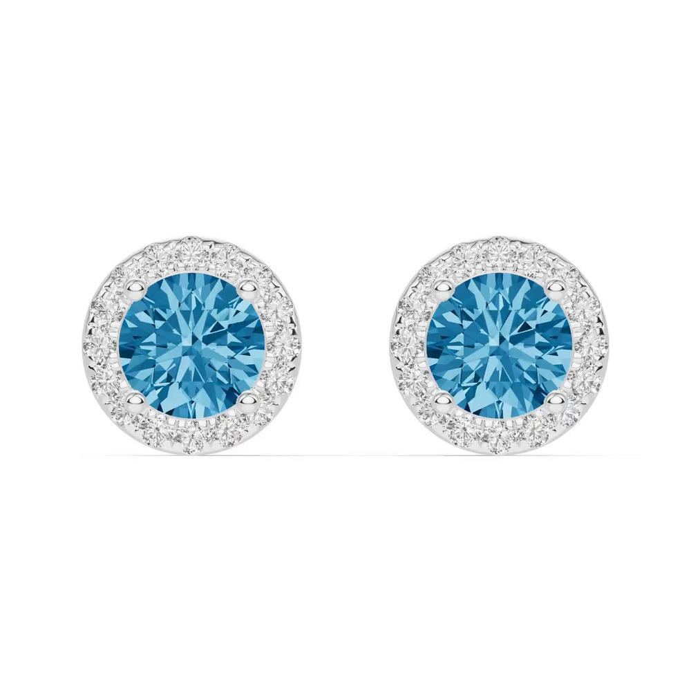 360 degree view of Round Blue Topaz Lab Diamond Halo Earrings