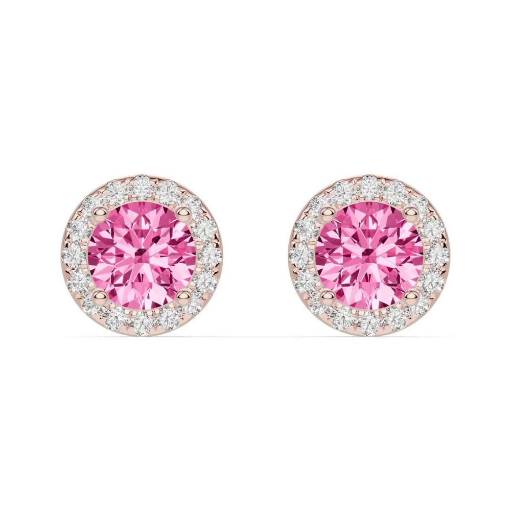 360 degree view of Round Pink Tourmaline Lab Diamond Halo Earrings