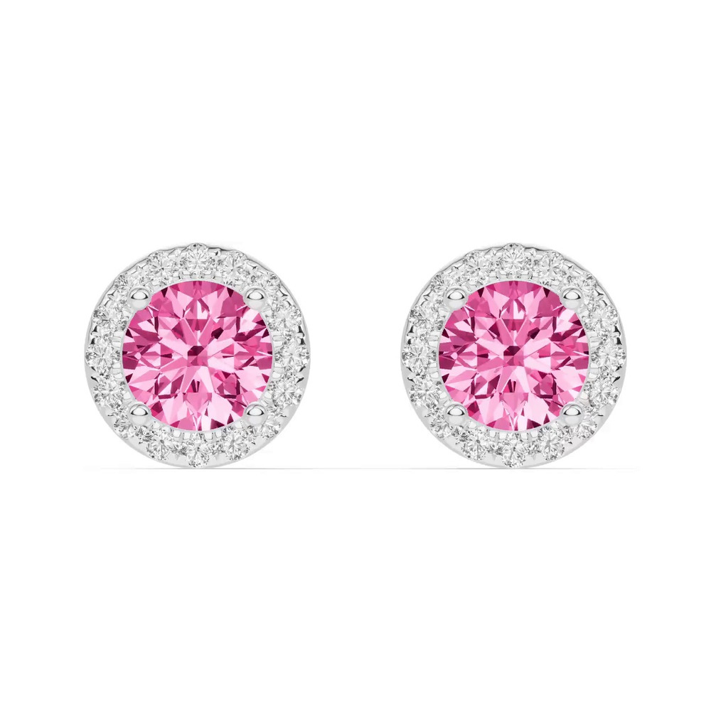 360 degree view of Round Pink Tourmaline Lab Diamond Halo Earrings