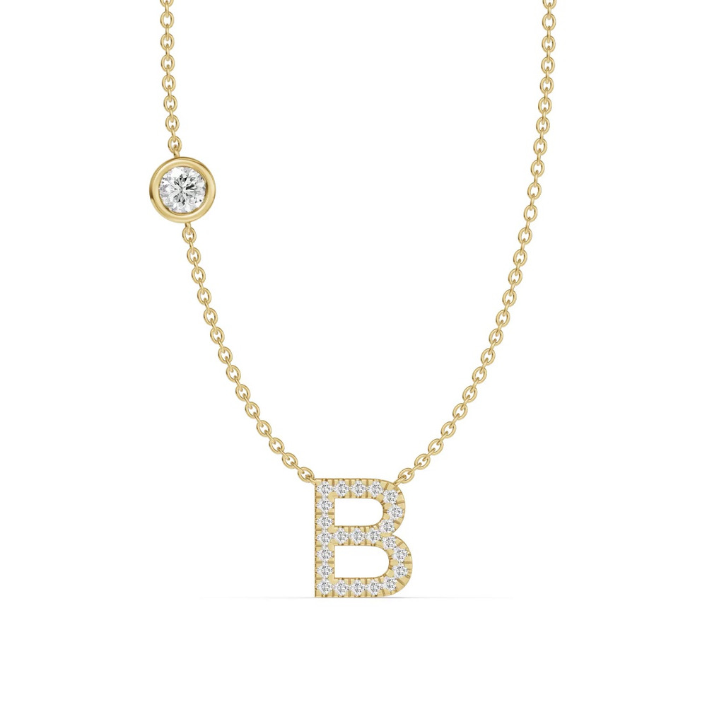 360 degree view of Bezel Diamond Pavé Initial Necklace - B