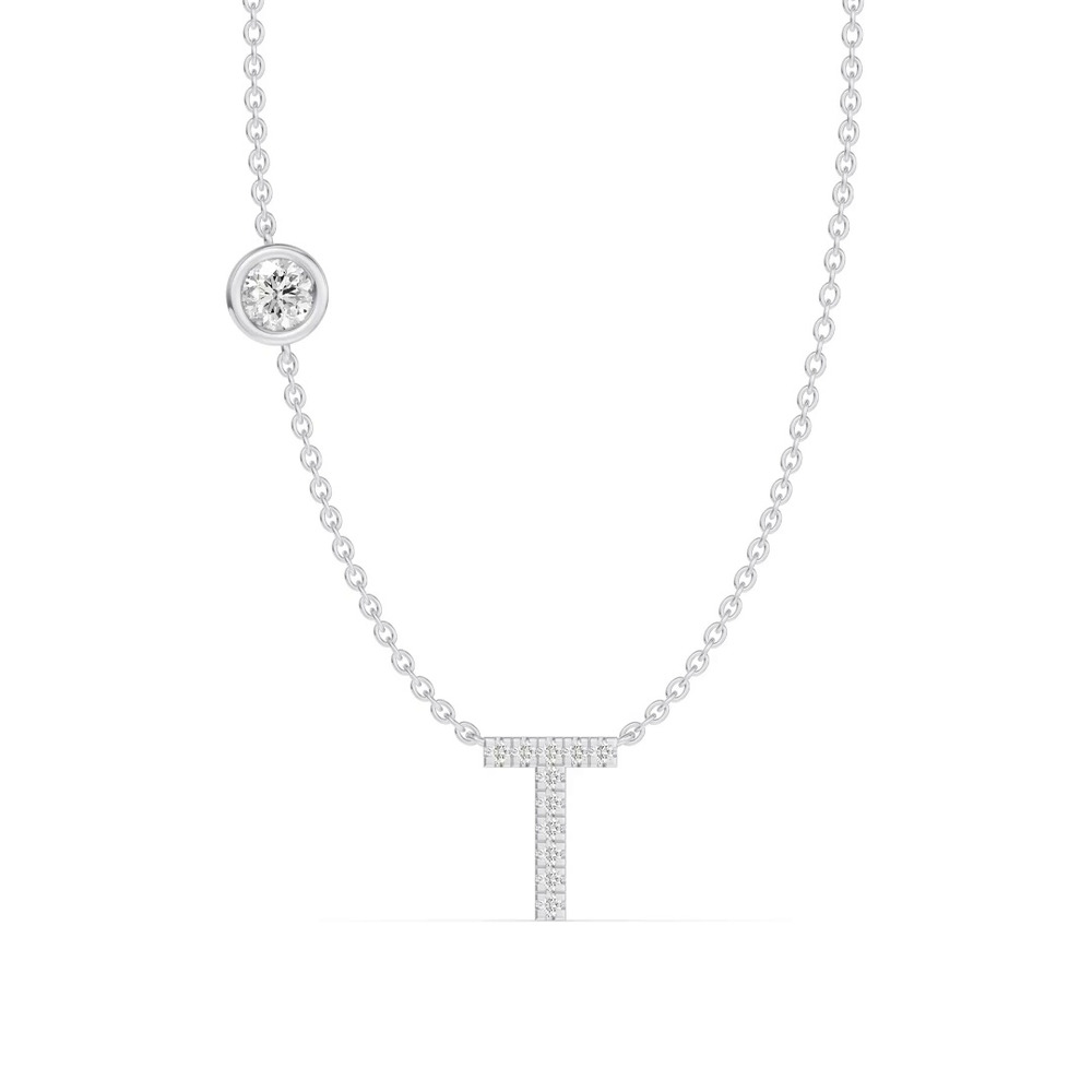 360 degree view of Bezel Diamond Pavé Initial Necklace - T