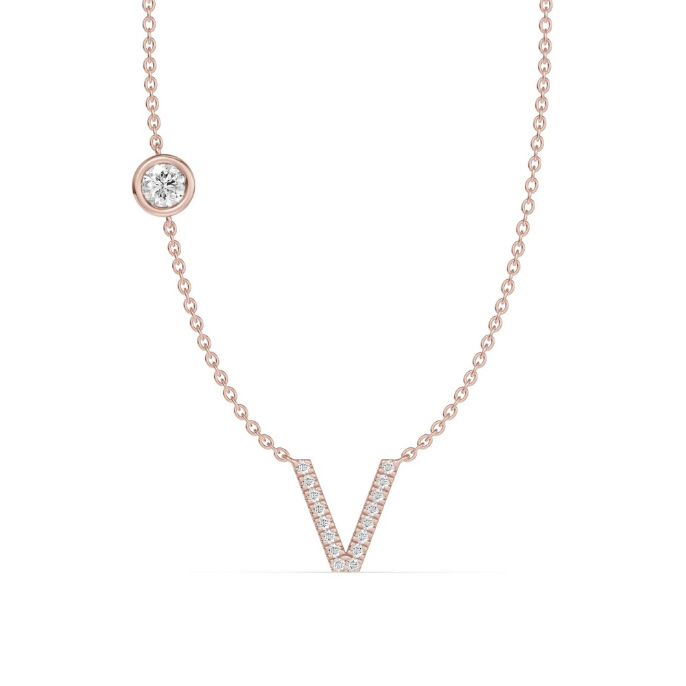 360 degree view of Bezel Diamond Pavé Initial Necklace - V