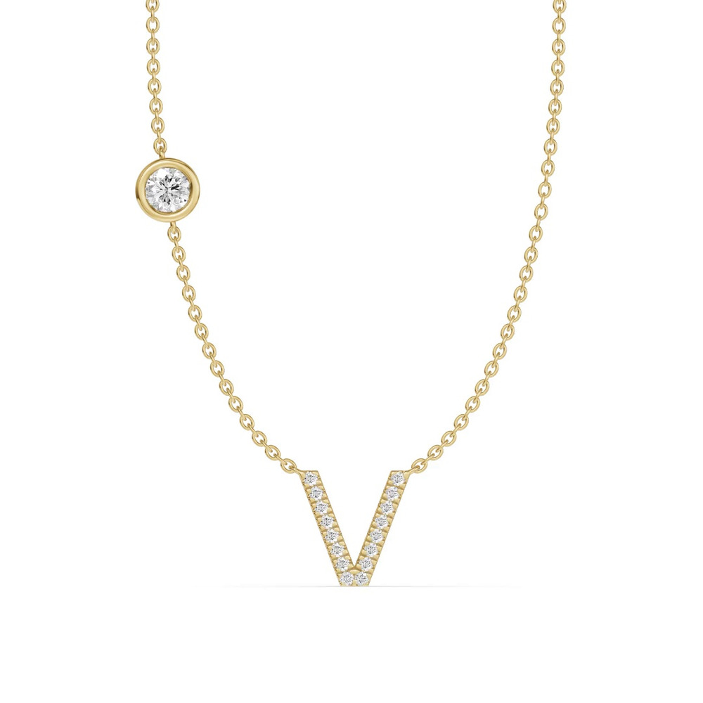 360 degree view of Bezel Diamond Pavé Initial Necklace - V