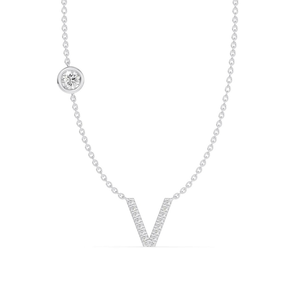 360 degree view of Bezel Diamond Pavé Initial Necklace - V