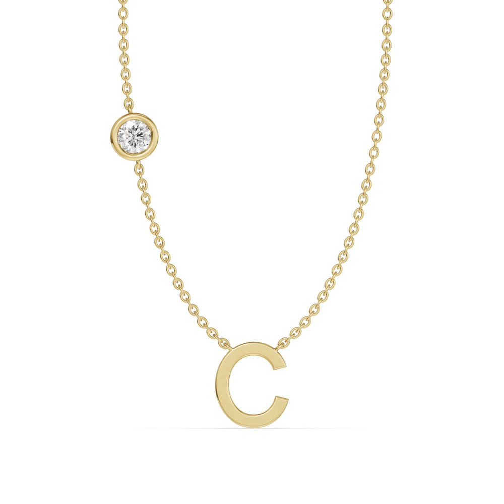 360 degree view of Bezel Lab Diamond Gold Initial Necklace - C