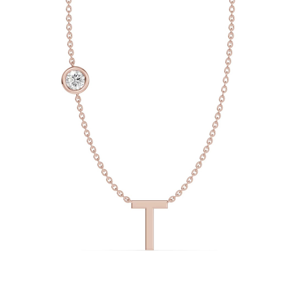 360 degree view of Bezel Diamond Gold Initial Necklace - T