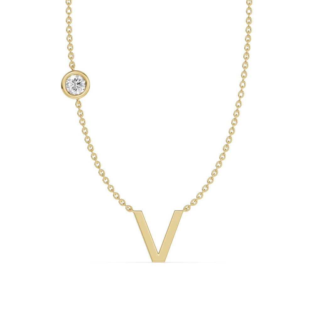 360 degree view of Bezel Diamond Gold Initial Necklace - V
