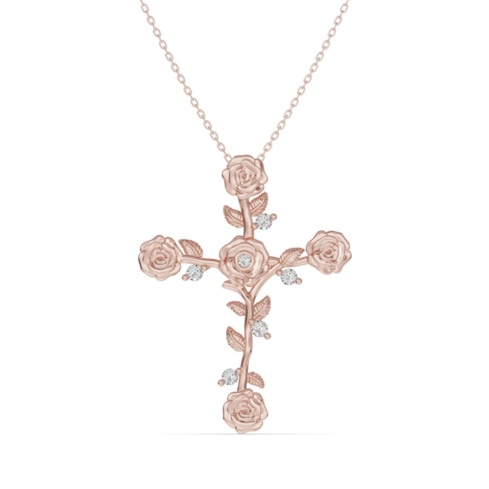 360 degree view of Garden Rose Cross Diamond Pendant