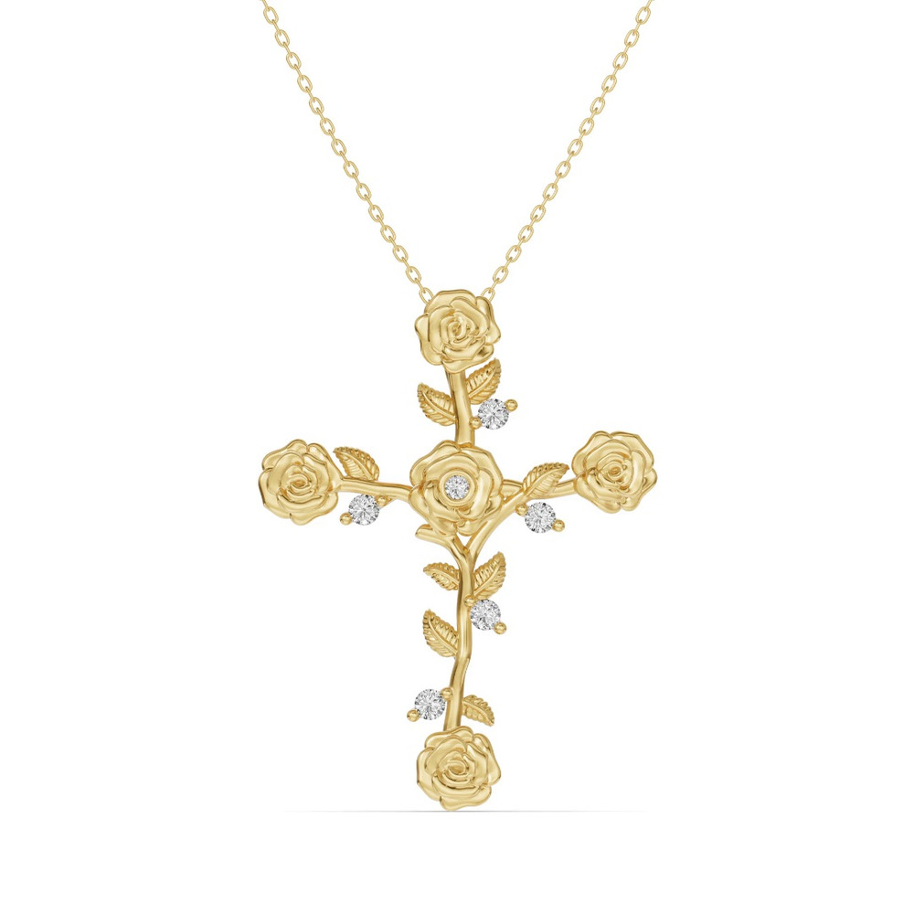 360 degree view of Garden Rose Cross Diamond Pendant