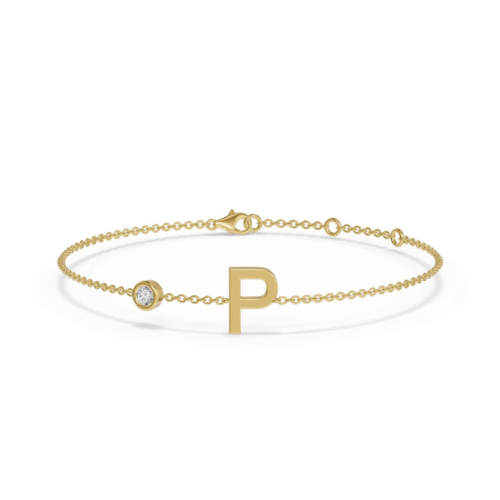 360 degree view of Bezel Diamond Gold Initial Bracelet - P