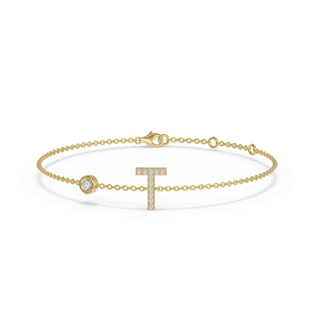 360 degree view of Bezel Diamond Pavé Initial Bracelet - T