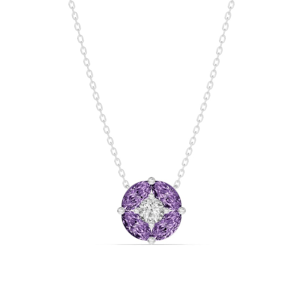 360 degree view of Amethyst Floral Lab Diamond Silver Necklace