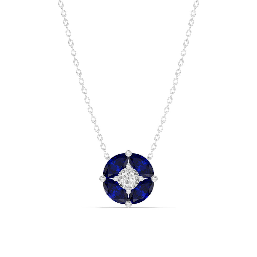 360 degree view of Blue Sapphire Floral Lab Diamond Silver Necklace