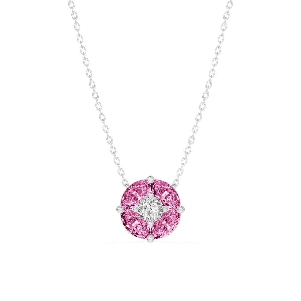 360 degree view of Pink Sapphire Floral Lab Diamond Silver Necklace