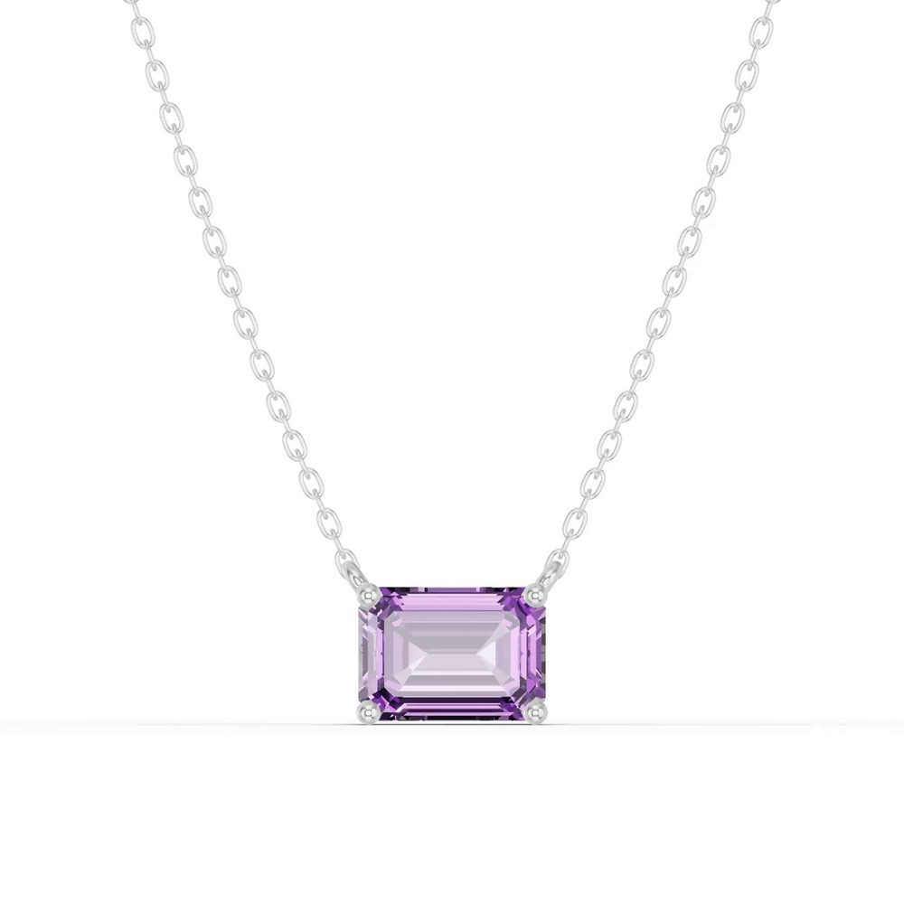 360 degree view of Emerald-Cut Amethyst East-West Solitaire Silver Necklace