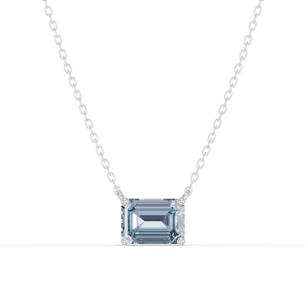 360 degree view of Emerald-Cut Aquamarine East-West Solitaire Silver Necklace