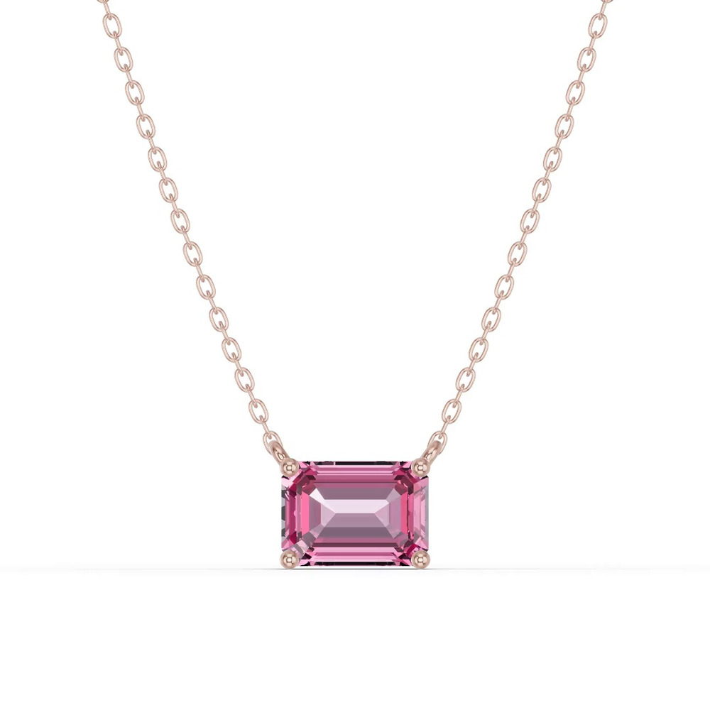 360 degree view of Emerald-Cut Pink Tourmaline East-West Solitaire Necklace