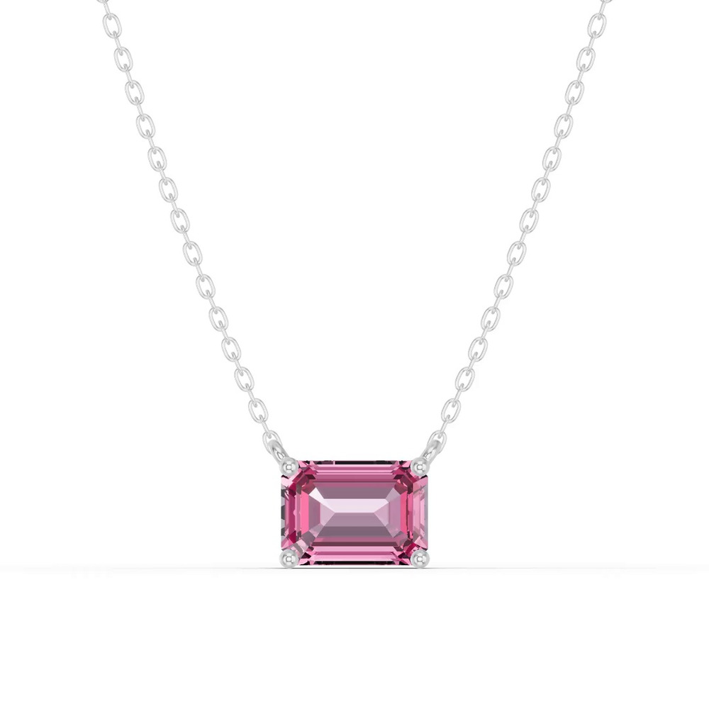 360 degree view of Emerald-Cut Pink Tourmaline East-West Solitaire Necklace