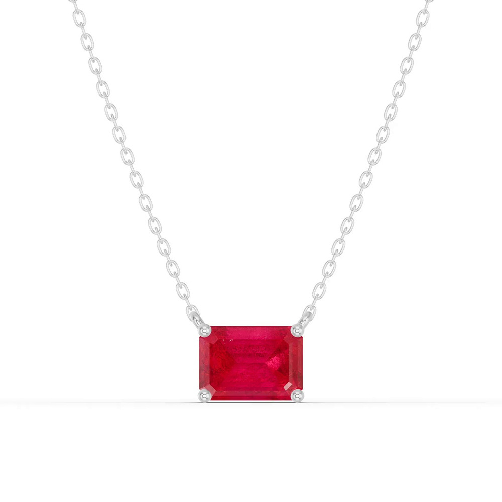 360 degree view of Emerald-Cut Ruby East-West Solitaire Silver Necklace