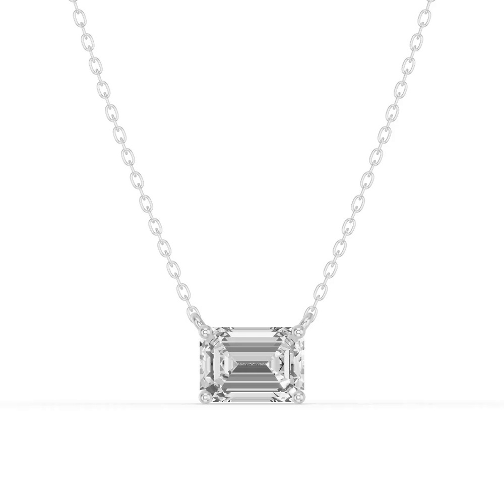360 degree view of Emerald-Cut Lab Diamond East-West Solitaire Silver Necklace