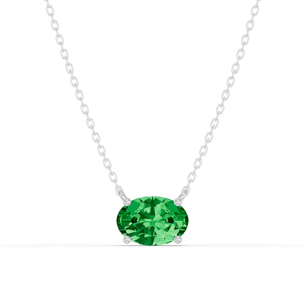 360 degree view of Oval Emerald East-West Solitaire Silver Necklace