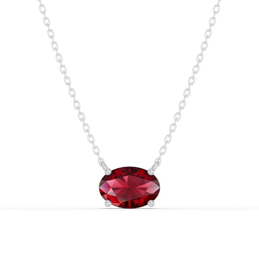 360 degree view of Oval Garnet East-West Solitaire Silver Necklace