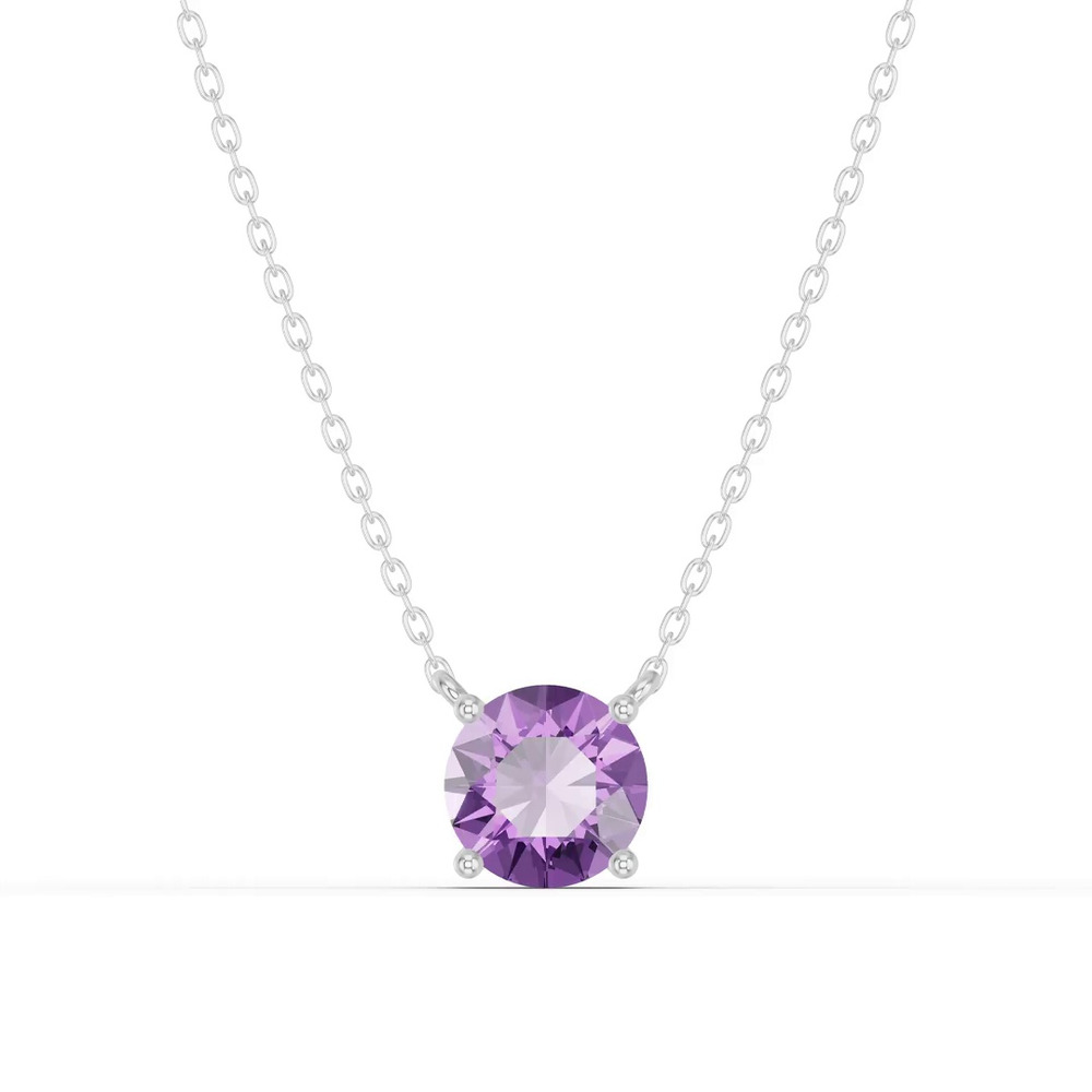 360 degree view of Round Amethyst Solitaire Silver Necklace