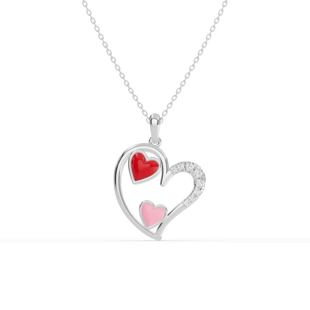 360 degree view of Duet Pavé Heart Silver Necklace – Red & Pink