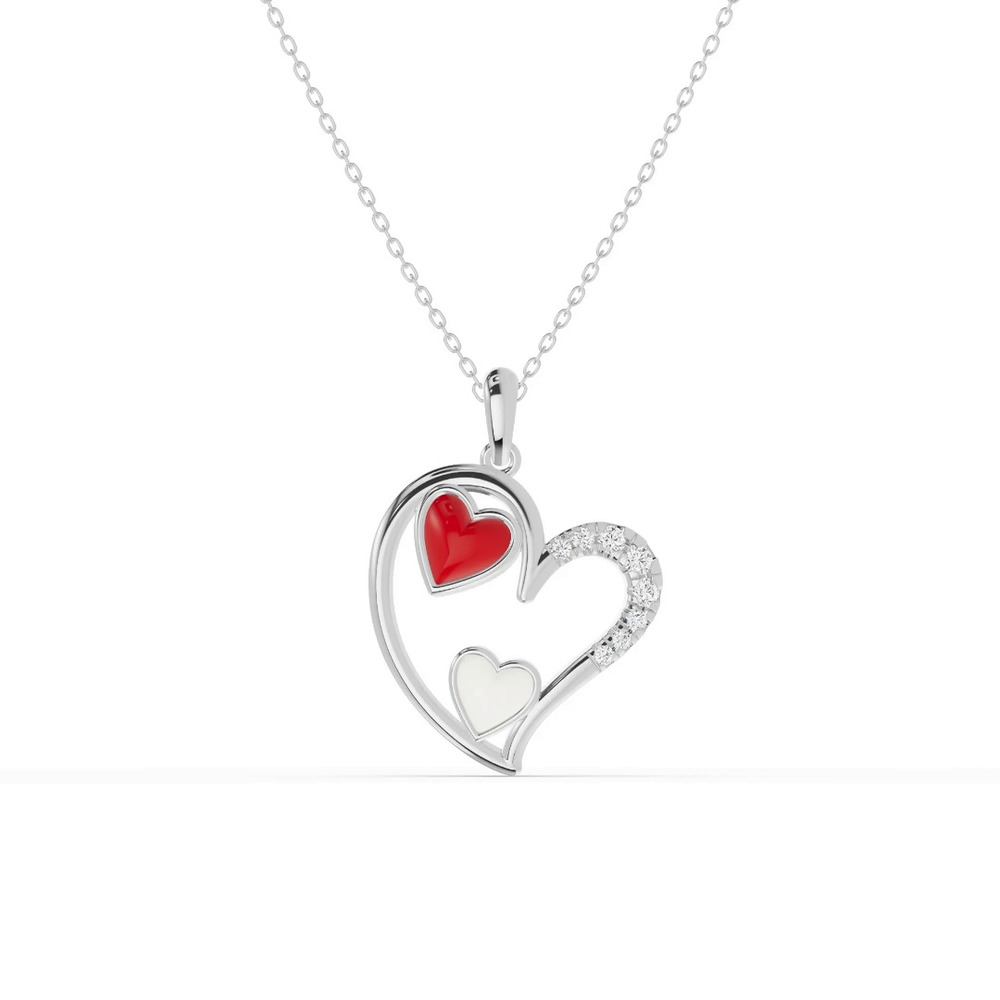 360 degree view of Duet Pavé Heart Silver Necklace – Red & White