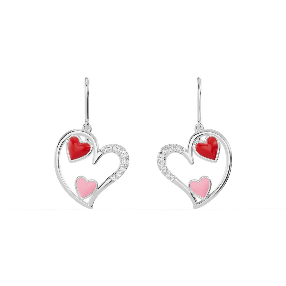 360 degree view of Duet Pavé Heart Silver Earrings – Red & Pink