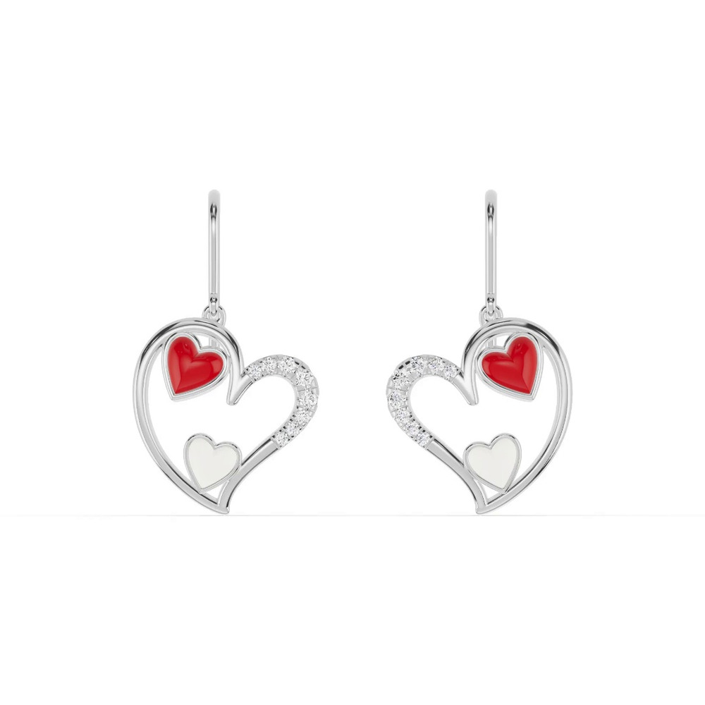 360 degree view of Duet Pavé Heart Silver Earrings – Red & White